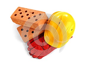 Hard hat, gloves and bricks on white background. Construction industry