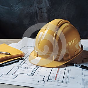 Hard hat placed alongside architectural plans, safety and planning