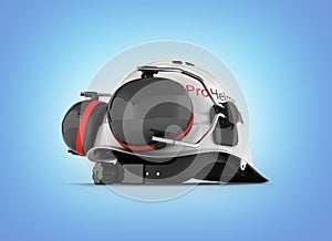Hard hat safety halmet with earmuffs isolated on blue gradient background 3d