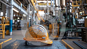 hard hat sits on table with tools and equipment in background, depicting industrial setting.