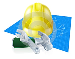 Hard hat tools and blueprint