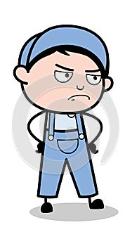 Hard Look - Retro Repairman Cartoon Worker Vector Illustration