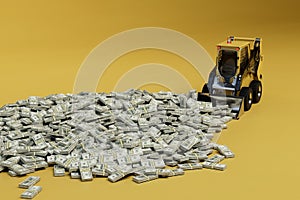 hard money making. excavator and many packs of dollars on a yellow background. 3d render