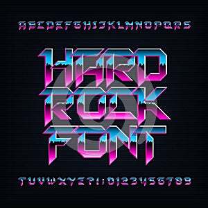 Hard rock alphabet font. Metallic beveled colorful letters, numbers and symbols.