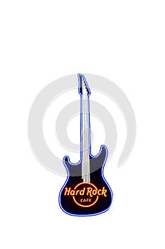 `Hard Rock Cafe` fluorescent guitar on a white background