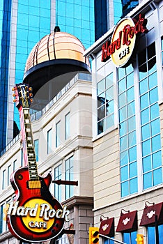 Hard Rock Cafe guitar, high rise buildings Niagara Falls, Canada