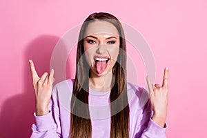 Hard rock hallelujah. Closeup photo of attractive funky lady stick tongue out mouth show fingers horns crazy rocker wear