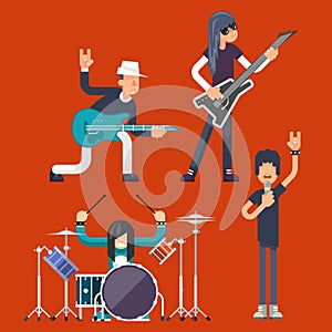 Hard Rock Heavy Folk Group Band Music Icons Guitarist Singer Bassist Drummer Concept Flat Design Vector Illustration