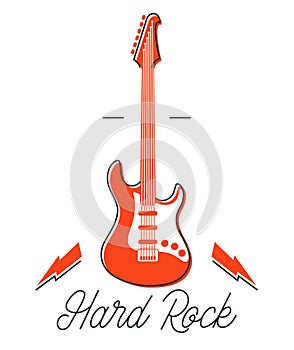 Hard rock and heavy metal emblem or logo vector flat style illustration isolated, electric guitar with lightning bolts, logotype