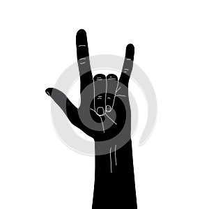 Hard rock horns sign. Rock hand sign silhouette with white contour