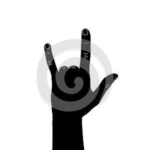 Hard rock horns sign. Rock hand sign silhouette with white contour. Back view