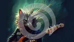 Hard rock metal cat with unruly long fur hair playing electric guitar at concert- generative AI