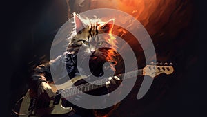 Hard rock metal cat with unruly long fur hair playing electric guitar at concert- generative AI