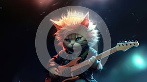 Hard rock metal guitarist cat playing an electric guitar on concert stage - generative AI