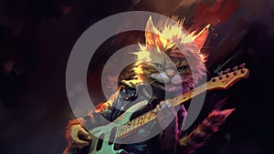 Hard rock metal guitarist cat playing an electric guitar on concert stage - generative AI