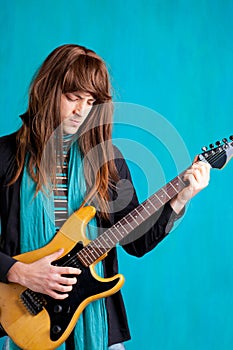 Hard rock seventies electric guitar player man