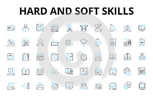 Hard and soft skills linear icons set. Adaptability, Ambition, Attention to detail, Communication, Collaboration