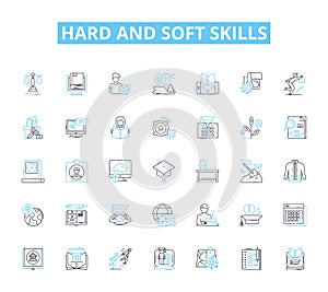 Hard and soft skills linear icons set. Adaptability, Ambition, Attention to detail, Communication, Collaboration