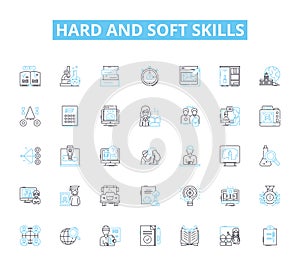 Hard and soft skills linear icons set. Adaptability, Ambition, Attention to detail, Communication, Collaboration