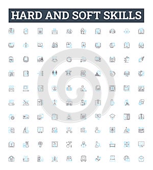 Hard and soft skills vector line icons set. Hard Skills, Soft Skills, Communication, Leadership, Problem-solving, Time