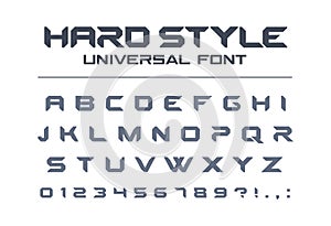 Hard style universal font. Military, army, sport, futuristic technology, future techno alphabet.