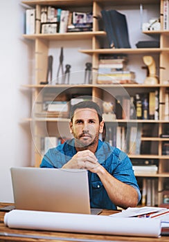 Hard work always comes before success. Cropped portrait of a businessman working on his laptop at home.