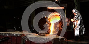 Hard work in the foundry. Pouring molten steel. Liquid steel