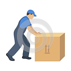 Hard worker pushes a big box. Service moving. Vector illustration isolated on white background photo