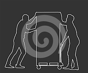 Hard workers pushing wheelbarrow and carry big box vector line isolated on black. Delivery man moving package by cart. Service.