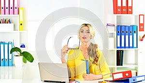 Hard working. female business leader. woman sit at her desk in office. Business woman working in office with documents