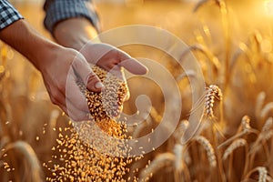 Hard-working hands of male farmer pouring grain. Abundance in the Fields. Nature\'s Bounty. The hands of a farmer close - up