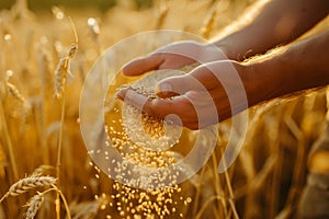 Hard-working hands of male farmer pouring grain. Abundance in the Fields. Nature\'s Bounty. The hands of a farmer close - up