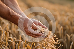 Hard-working hands of male farmer pouring grain. Abundance in the Fields. Nature\'s Bounty. The hands of a farmer close - up