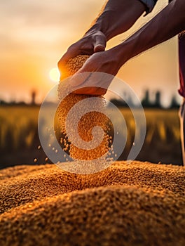 Hard-working hands of a male farmer pouring grain at sunset. Harvest season in the farmlands. Generative AI