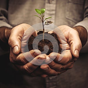 Hard-working male hands holding some ground with a green sprout. Nature love and protection concept. Generative AI