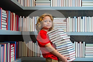 Hard working pupil. School kid with pile of books. Children enjoying book story in school library. Kids imagination