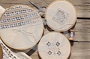 Hardanger embroidery on the table