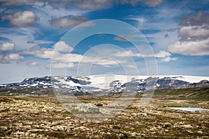 Hardangerjokulen glacier on top of Hardangervidda plateau.