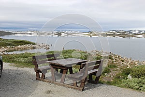 The Hardangervidda Plateau in Hallingskarvet National Park, Norway, Europe, with lake Ustevatn.