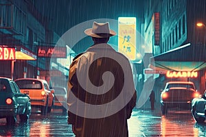 Hardboiled detective, smoking a cigarette and wearing a fedora, standing in front of a neon - lit sign in a rain - soaked alleyway
