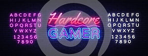 Hardcore Gamer Neon Text Vector. Gaming neon sign, design template, modern trend design, night signboard, night bright