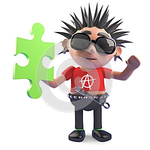 Hardcore punk character has found a piece of the jigsaw puzzle, 3d illustration