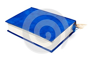 Hardcover book covered with blue velvet on a white background