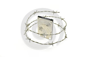 Harddisk behind barbwire - illustration of data security concept