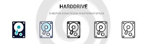 Harddrive icon in filled, thin line, outline and stroke style. Vector illustration of two colored and black harddrive vector icons