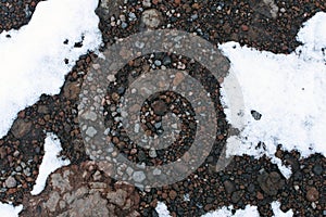 Hardened lava under the snow. surface of mount Etna