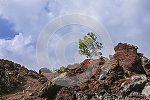 Hardened lava of the volcano on the background of blue sky.