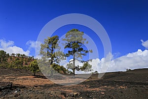 Hardened lava of the volcano on the background of blue sky.