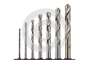 Hardened steel Drill bits set of different sizes isolated on a white background