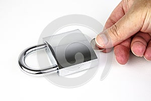 Hardened steel padlock on white background